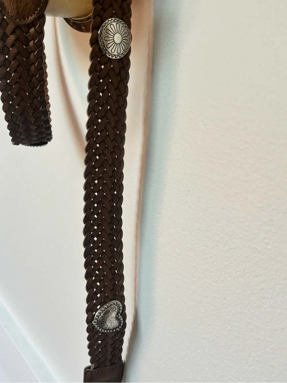Brown Leather Weaved Southwestern Cowgirl Belt L With Silver Toned